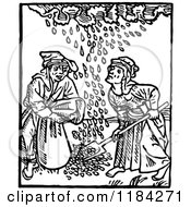 Clipart Of Retro Vintage Black And White Medieval Peasants Gathering Seeds Falling From The Sky Royalty Free Vector Illustration