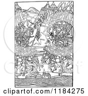Clipart Of A Retro Vintage Black And White Medieval Battle Scene Royalty Free Vector Illustration