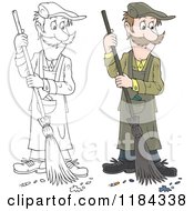 Poster, Art Print Of Colored And Outlined Man Sweeping Up Ashes And A Cigarette Butt