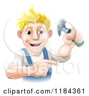 Cartoon Of A Happy Blond Worker Man Holding A Hammer And Pointing Royalty Free Vector Clipart