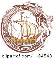 Dragon Circling A Ship Woodcut