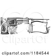 Poster, Art Print Of Revolver Pistol With A Bang Flag Black And White Woodcut