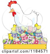 Poster, Art Print Of White Hen Nesting On Easter Eggs With Cute Chicks