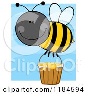 Poster, Art Print Of Happy Bumble Bee With A Honey Bucket Over Blue