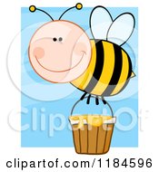 Poster, Art Print Of Happy Bee With A Honey Bucket Over Blue