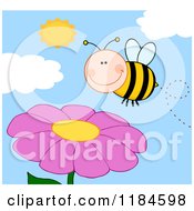 Cartoon Of A Happy Bee Over A Pink Flower Royalty Free Vector Clipart