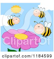 Cartoon Of Happy Bees Over Pink Flowers Royalty Free Vector Clipart