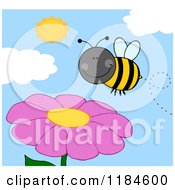 Cartoon Of A Happy Bumble Bee Over A Pink Flower Royalty Free Vector Clipart