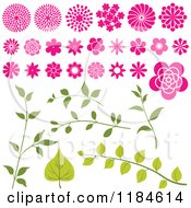Clipart Of A Pink Flower Heads And Green Leafy Stems Royalty Free Vector Illustration