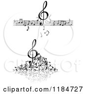 Clipart Of A Black And White Border Of A Clef Dropping Down On Lines Of Music Notes And A Pile Royalty Free Vector Illustration