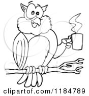 Cartoon Of An Outlined Tired Perched Owl Holding A Coffee Cup Royalty Free Vector Clipart