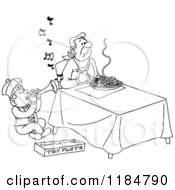 Cartoon Of An Outlined Boy Playing A Toy Flute For A Man Eating Spaghetti Royalty Free Vector Clipart