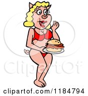 Cartoon Of A Blond Female Pig In A Bikini Holding A Pulled Pork Sandwich Royalty Free Vector Clipart