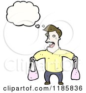 Cartoon Of A Man Holding Two Purses Thinking Royalty Free Vector Illustration