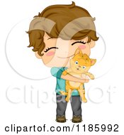 Poster, Art Print Of Cute Brunette Boy Hugging His Cat