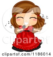 Cartoon Of A Cute Brunette Girl Singing In A Red Dress Royalty Free Vector Clipart