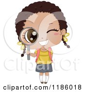 Cartoon Of A Happy Black School Girl Peeking Through A Magnifying Glass Royalty Free Vector Clipart
