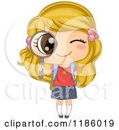Cartoon Of A Happy Blond School Girl Peeking Through A Magnifying Glass Royalty Free Vector Clipart