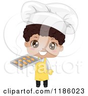 Cartoon Of A Cute Happy Chef Black Boy Holding Up Fresh Baked Bread Royalty Free Vector Clipart