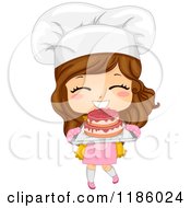 Cute Brunette Caucasian Baker Girl Holding Fresh Cake