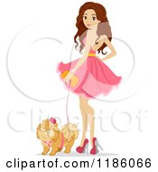 Teen Girl In A Pink Dress Standing With Her Dog