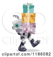 Cartoon Of A Cute Robot Walking With A Stack Of Gifts Royalty Free Vector Clipart