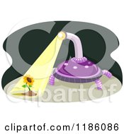 Cartoon Of A Purple Robot Shining A Light On A Sunflower Royalty Free Vector Clipart by BNP Design Studio
