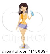 Fit Woman With Ear Buds Holding Up A Water Bottle