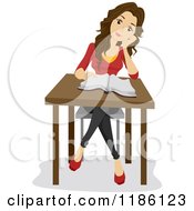 Cartoon Of A Brunette Woman Sitting At A Desk With An Open Book Royalty Free Vector Clipart