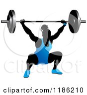 Poster, Art Print Of Silhouetted Female Bodybuilder Lifting A Heavy Barbell And Wearing Blue