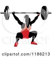 Poster, Art Print Of Silhouetted Female Bodybuilder Lifting A Heavy Barbell And Wearing Red