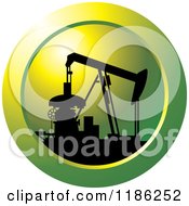 Clipart Of A Silhouetted Pump Jack On A Green Icon Royalty Free Vector Illustration
