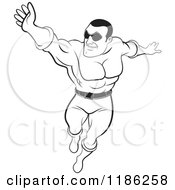 Clipart Of A Black And White Super Hero Man Flying Royalty Free Vector Illustration
