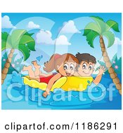 Cartoon Of A Happy Children Swimming On An Inflatable Mattress In A Tropical Setting Royalty Free Vector Clipart