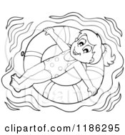 Cartoon Of An Outlined Happy Girl Floating On An Inner Tube Royalty Free Vector Clipart