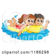 Poster, Art Print Of Happy Children Swimming On An Inflatable Mattress