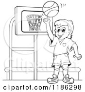 Poster, Art Print Of Outlined Happy Boy Spinning A Basketball By A Hoop