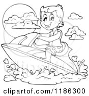 Cartoon Of An Outlined Happy Boy Wind Surfing Royalty Free Vector Clipart