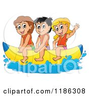 Happy Children Wearing Life Jackets And Riding A Banana Boat
