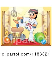 Poster, Art Print Of Kicking Red Belt Karate Boy In A Gym