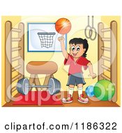 Poster, Art Print Of Happy Boy Spinning A Basketball In A Gym