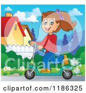 Poster, Art Print Of Happy Girl Riding A Scooter In A Neighborhood