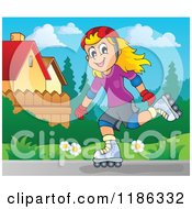 Poster, Art Print Of Cartoon Of A  Happy Girl Roller Blading In A Neighborhood Royalty Free Vector Clipart