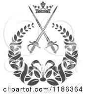 Clipart Of A Gray Laurel Wreath With A Crown And Crossed Swords Royalty Free Vector Illustration