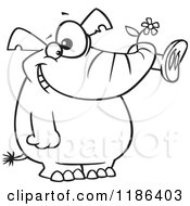 Cartoon Of A Black And White Giddy Elephant Holding A Flower In His Trunk Royalty Free Vector Clipart