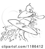 Cartoon Of A Black And White Surfer Bird Riding A Wave Royalty Free Vector Clipart