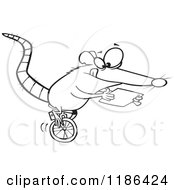 Cartoon Of A Black And White Rat Riding A Unicycle And Using A Tablet Computer Royalty Free Vector Clipart by toonaday