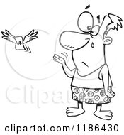 Cartoon Of A Black And White Crying Man Stripped To His Boxers As His Money Flies Away On Tax Day Royalty Free Vector Clipart