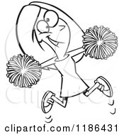 Cartoon Of A Black And White Happy Cheerleader Jumping With Pom Poms Royalty Free Vector Clipart