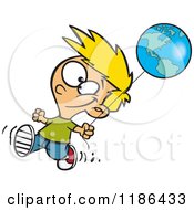 Cartoon Of A Happy Blond Boy Walking With An Earth Day Balloon Royalty Free Vector Clipart